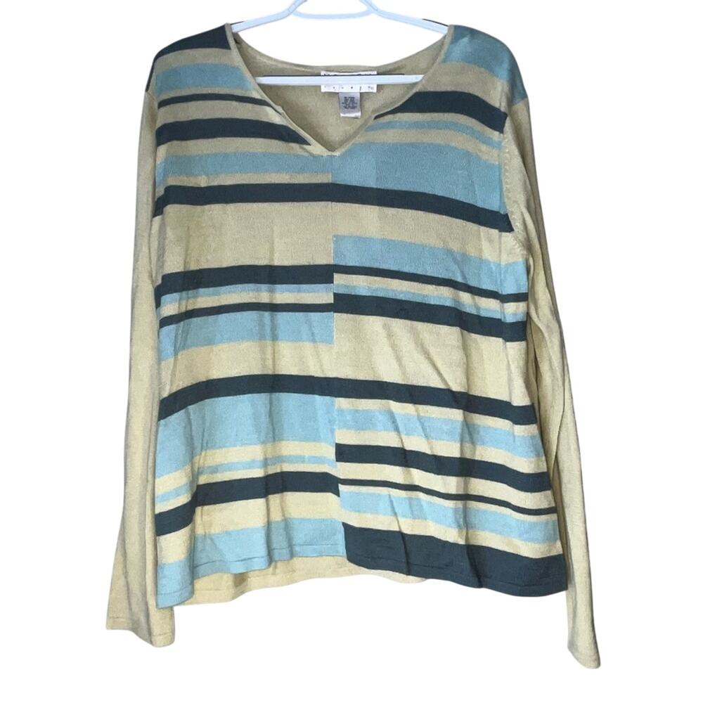 NWT! Norton Studio Long Sleeve V-Neck Yellow / Blue Striped Sweater Size XL